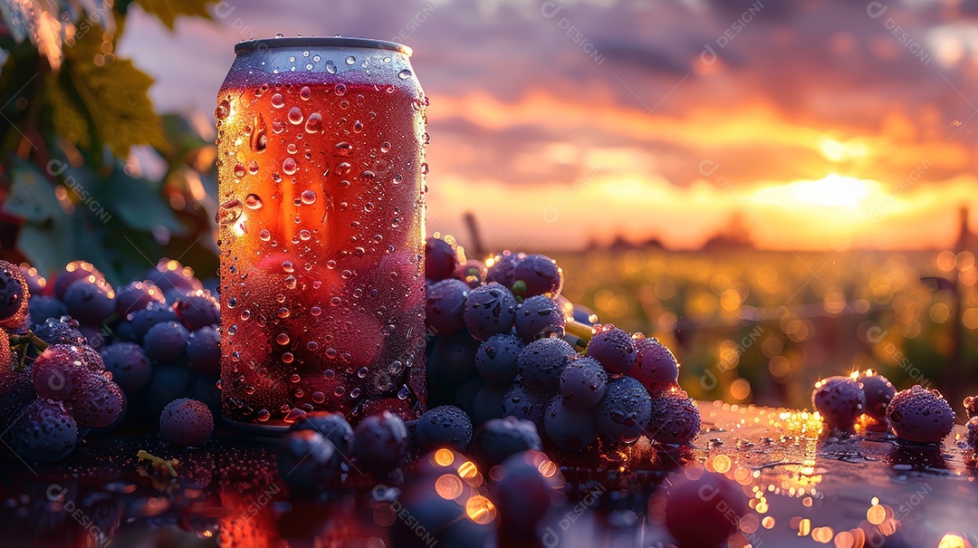 Maquete de lata inspirada em uva em meio a vastos vinhedos