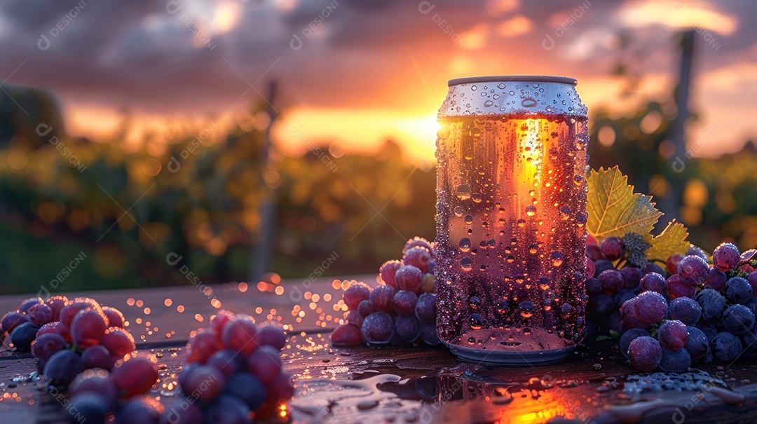 Maquete de lata inspirada em uva em meio a vastos vinhedos