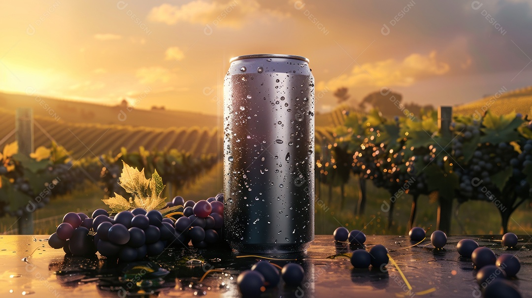 Maquete de lata inspirada em uva em meio a vastos vinhedos