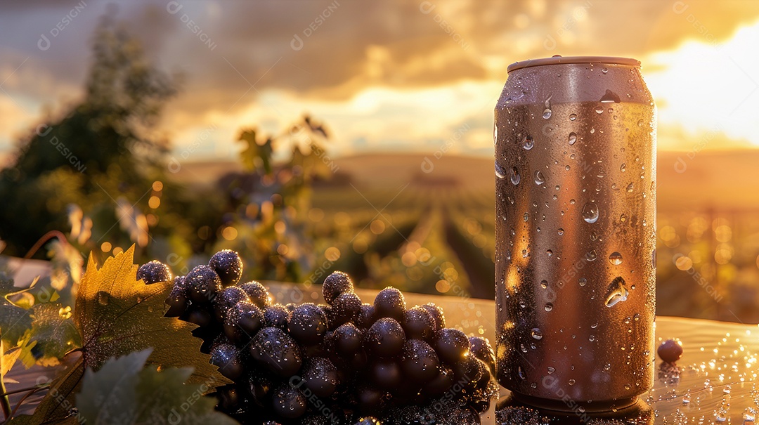 Maquete de lata inspirada em uva em meio a vastos vinhedos