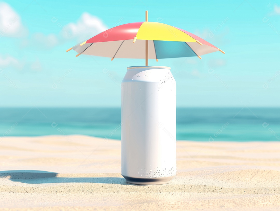 Lata sob praia de areia para o conceito de verão