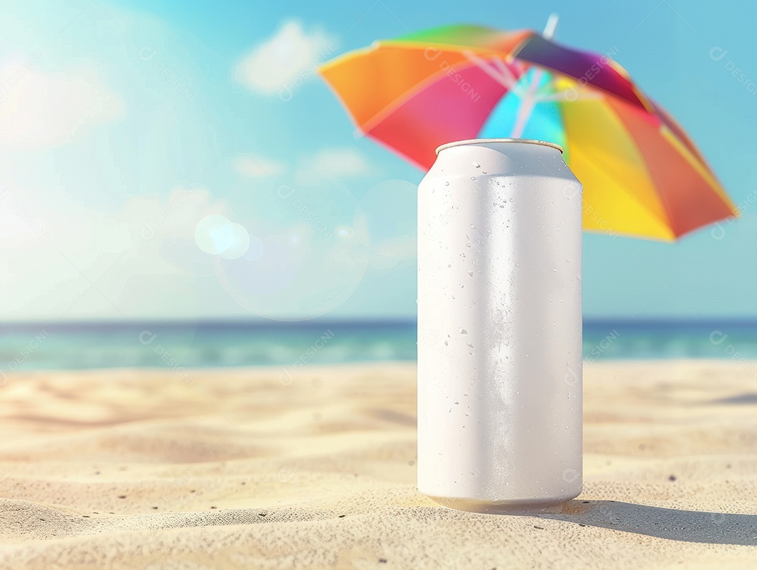 Lata sob praia de areia para o conceito de verão