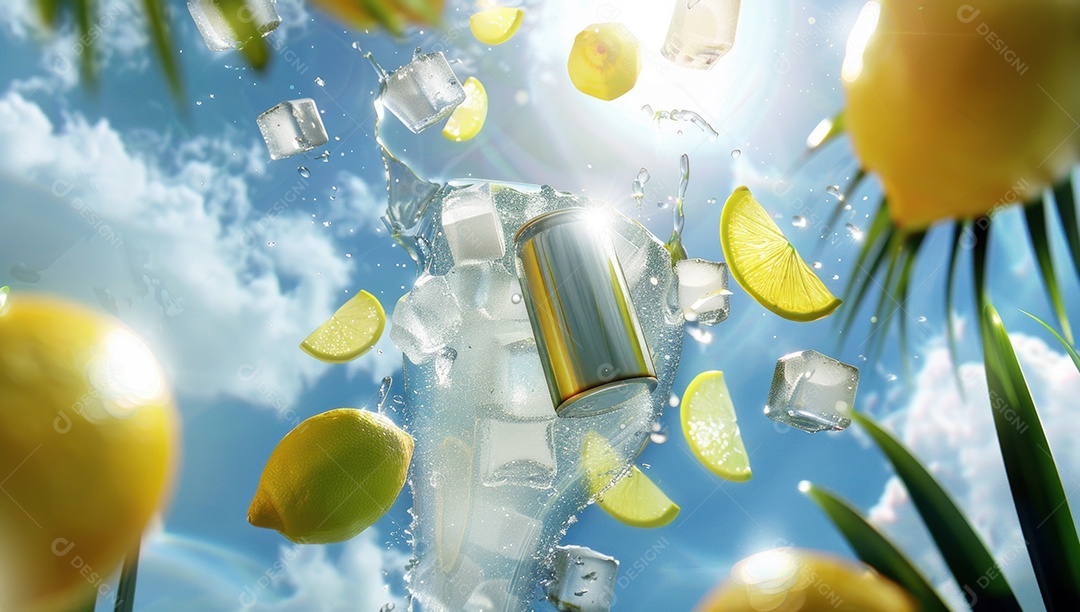 Lata de alumínio com suco de fruta refrescante e com gás