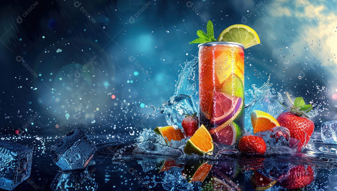 Lata de alumínio com suco de fruta refrescante e com gás