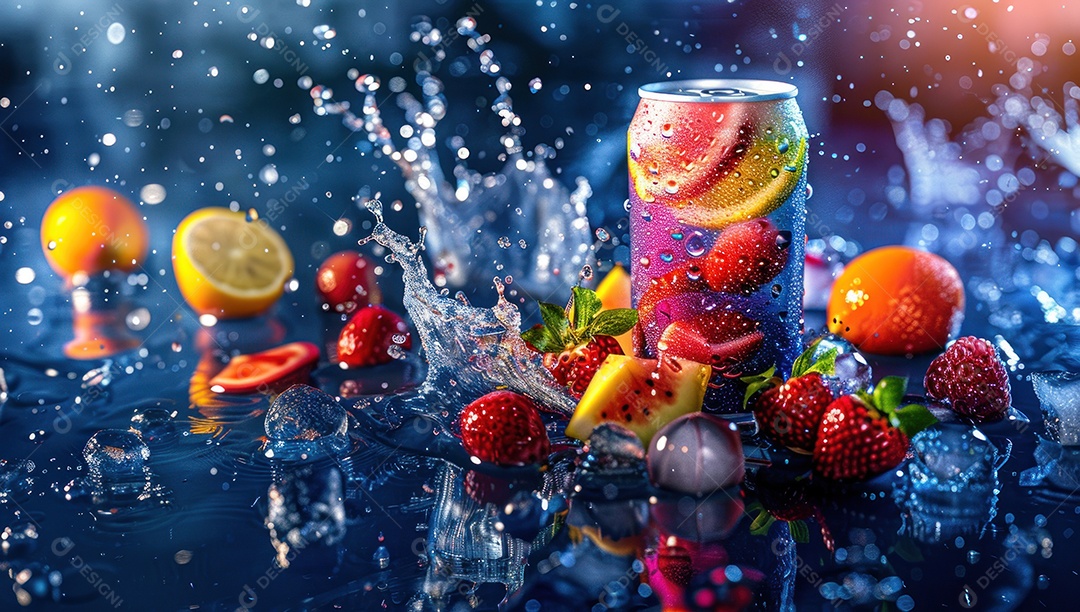 Lata de alumínio com suco de fruta refrescante e com gás