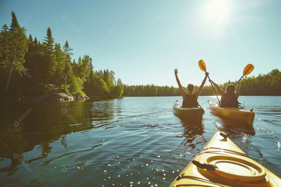 Uma foto de duas pessoas remando em um caiaque em um lago sereno
