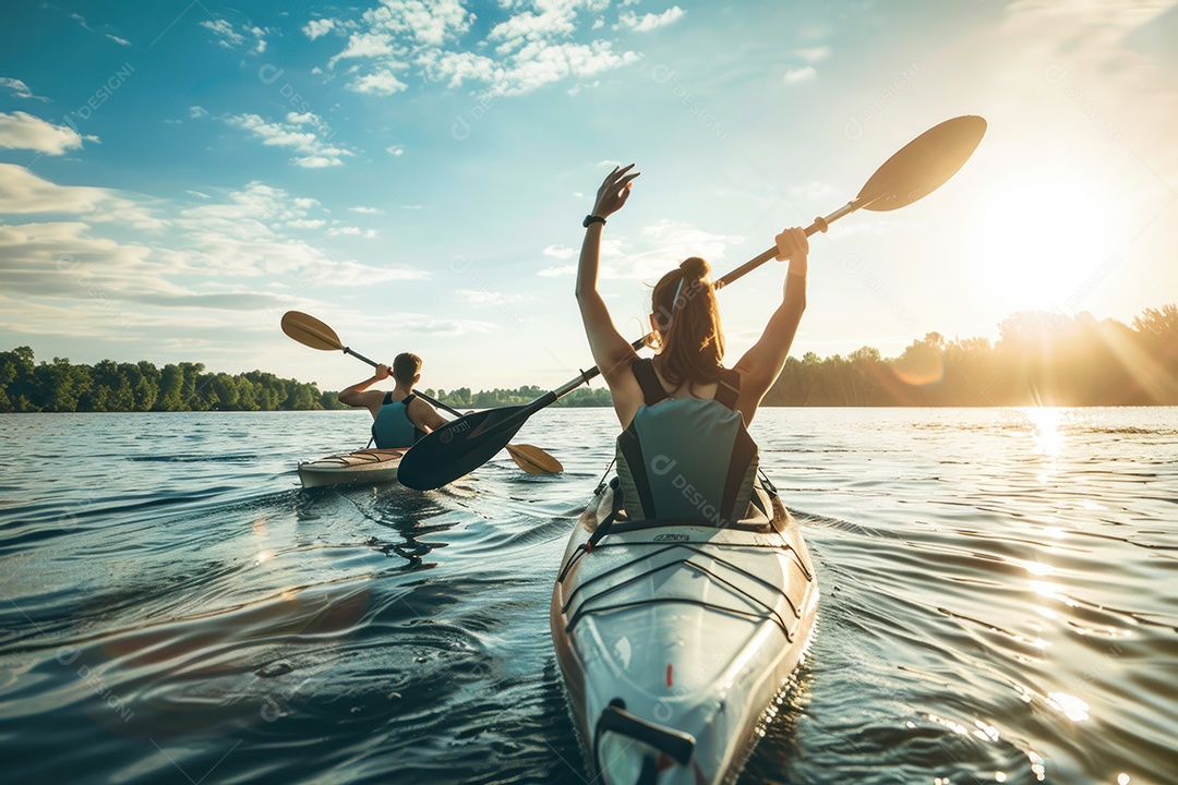 Uma foto de duas pessoas remando em um caiaque em um lago sereno