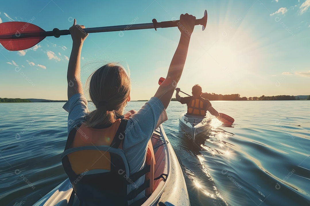 Uma foto de duas pessoas remando em um caiaque em um lago sereno