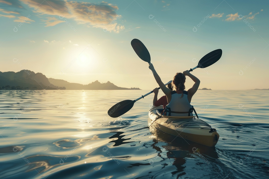 Uma foto de duas pessoas remando em um caiaque em um lago sereno
