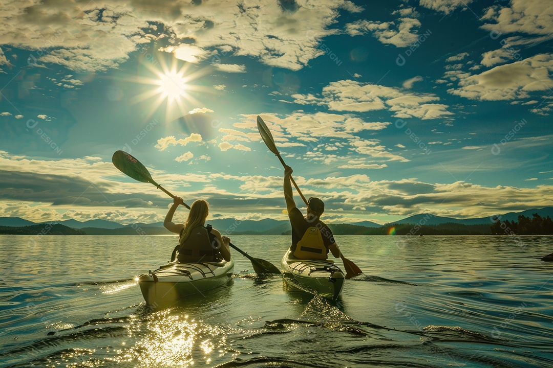 Uma foto de duas pessoas remando em um caiaque em um lago sereno
