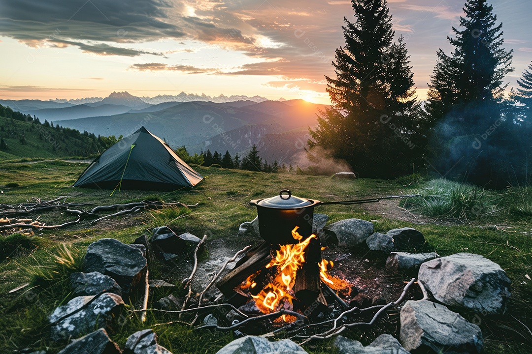 Fogueira e bule de chá e uma barraca e montanhas ao fundo ao pôr do sol