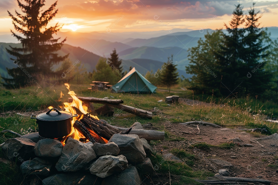 Fogueira e bule de chá e uma barraca e montanhas ao fundo ao pôr do sol