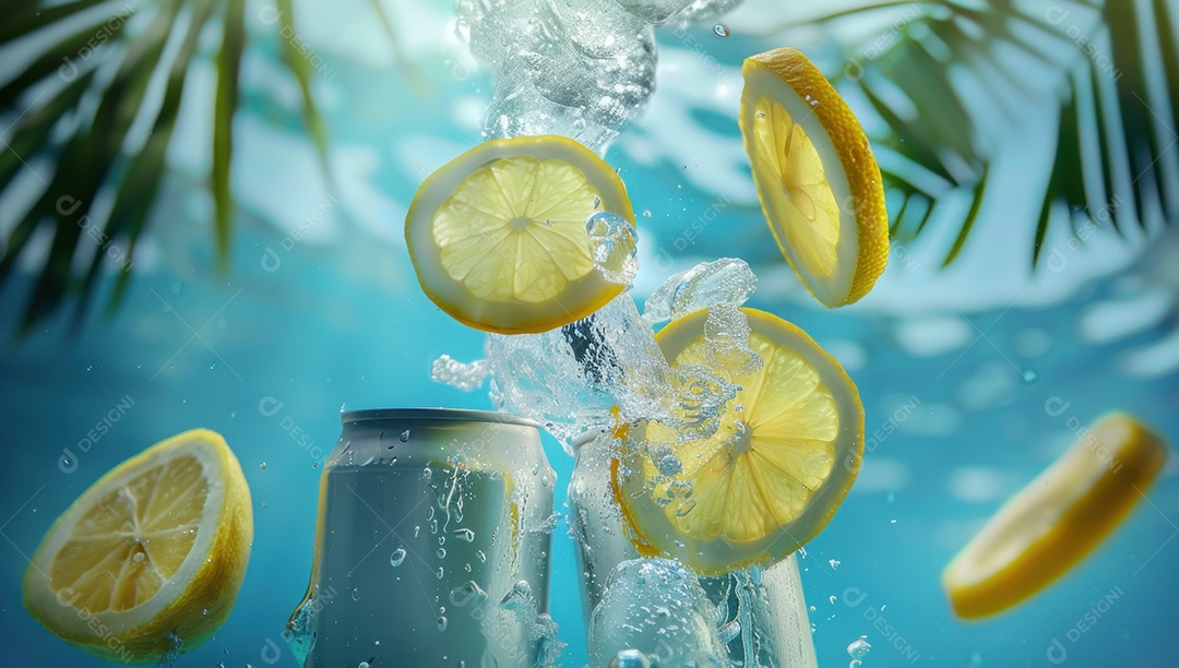 Uma lata de bebida branca sobre a água cristalina ao lado de uma linda folha de palmeira