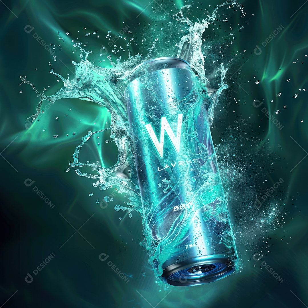 Uma lata de bebida branca sobre a água cristalina