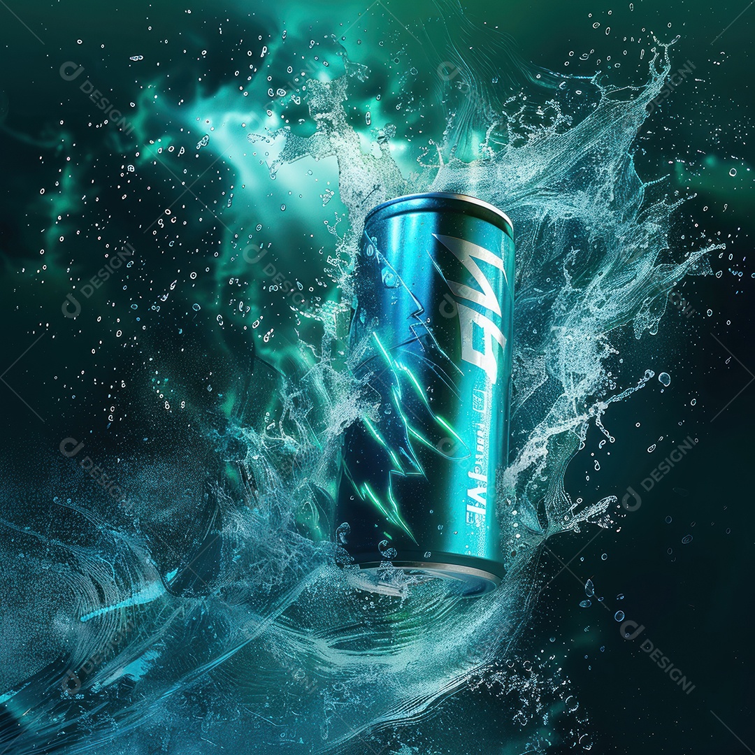 Uma lata de bebida branca sobre a água cristalina ao lado de uma linda folha de palmeira