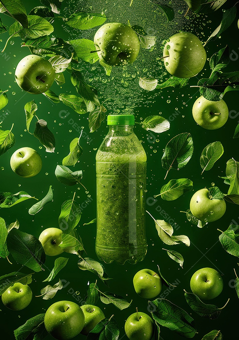 Garrafa de suco natural flutuando com frutas e folhas gelo e respingos