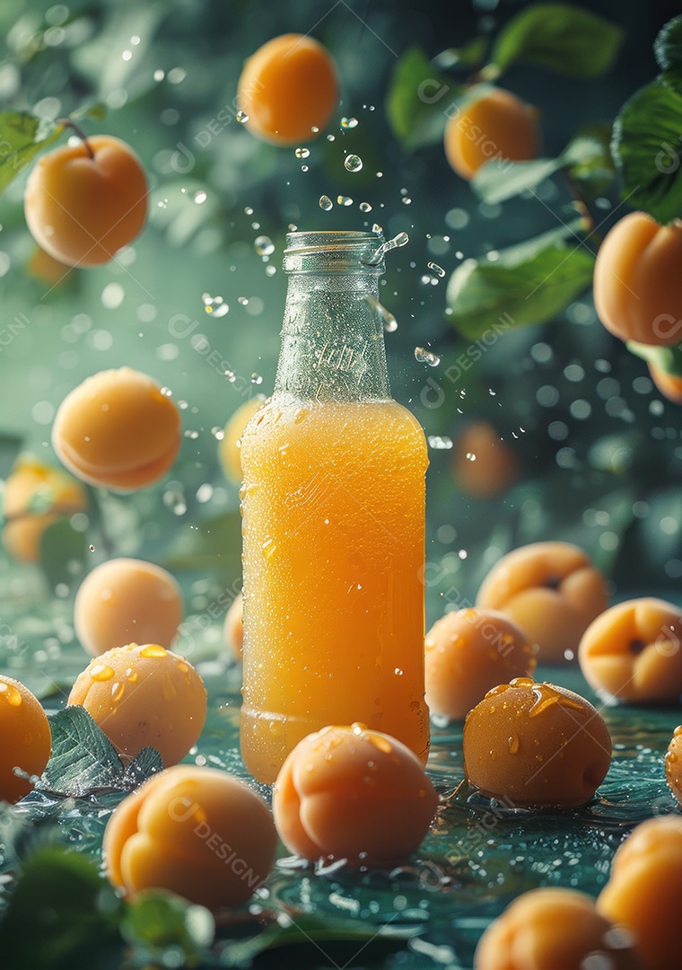 Garrafa de suco natural flutuando com frutas e folhas gelo e respingos