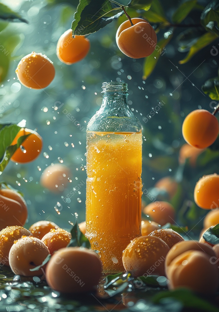 Garrafa de suco natural flutuando com frutas e folhas gelo e respingos