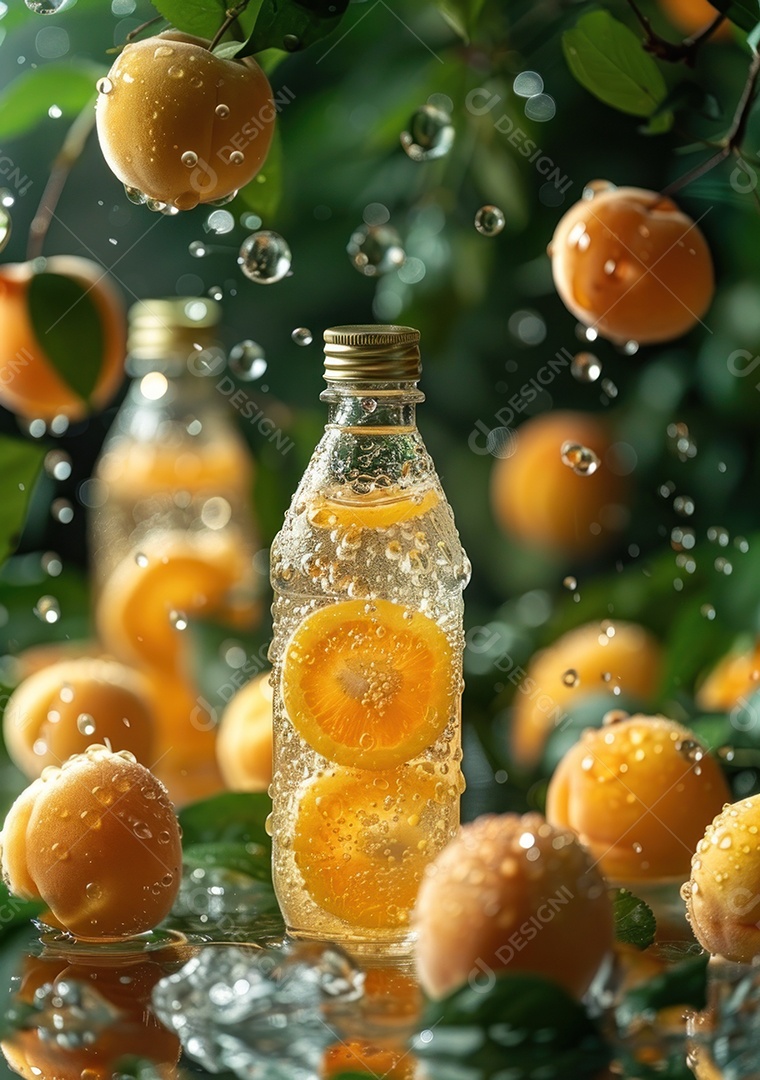 Garrafa de suco natural flutuando com frutas e folhas gelo e respingos