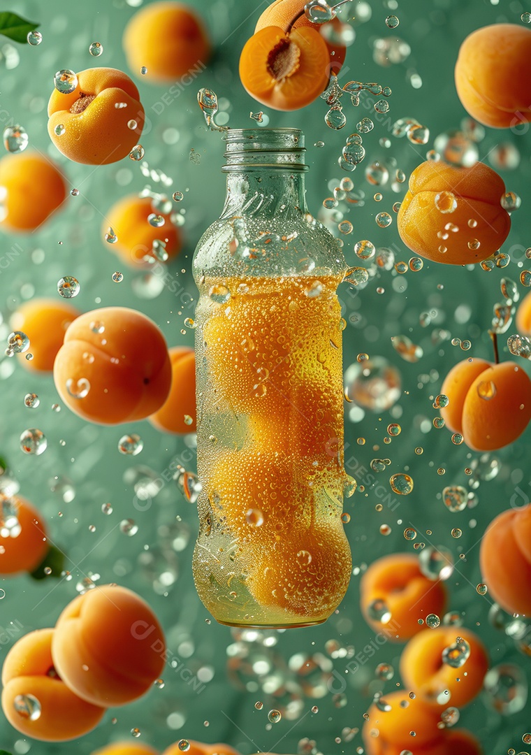 Garrafa de suco natural flutuando com frutas e folhas gelo e respingos