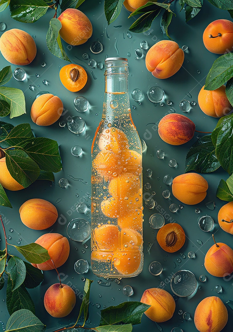 Garrafa de suco natural flutuando com frutas e folhas gelo e respingos