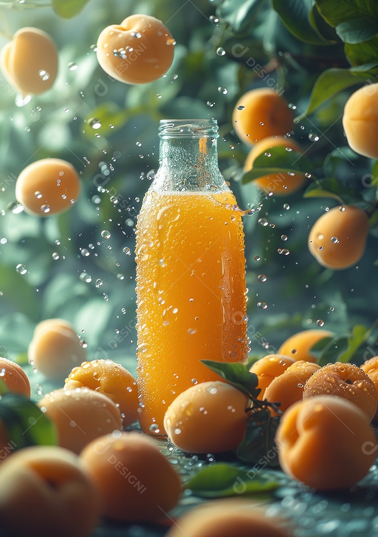 Garrafa de suco natural flutuando com frutas e folhas gelo e respingos