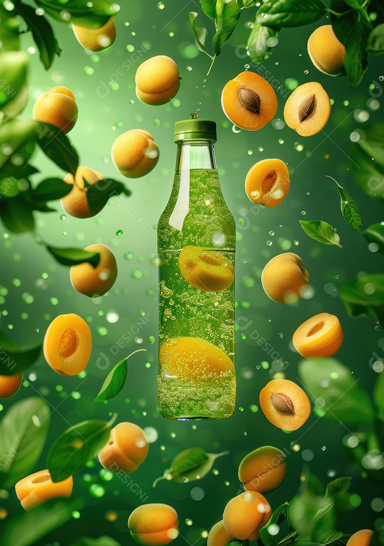 Garrafa de suco natural flutuando com frutas e folhas gelo e respingos