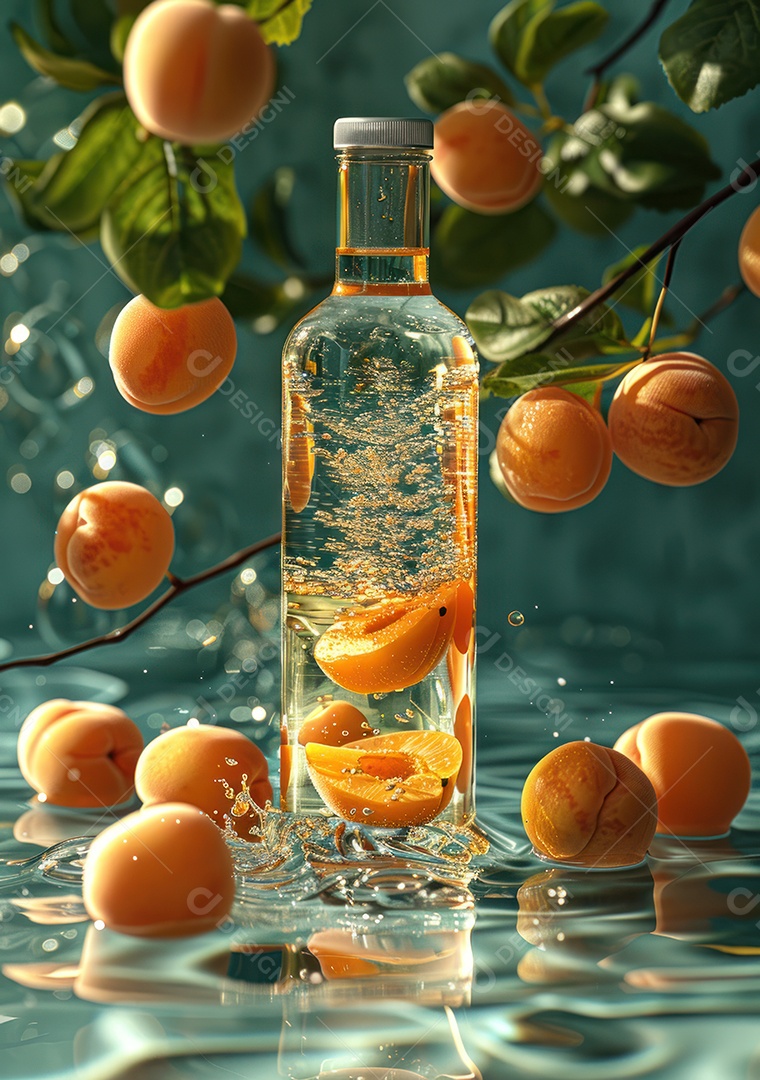 Garrafa de suco natural flutuando com frutas e folhas gelo e respingos