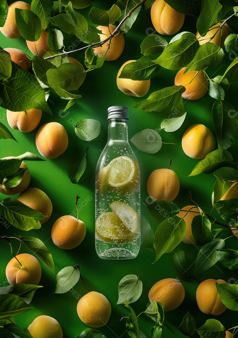 Garrafa de suco natural flutuando com frutas e folhas gelo e respingos