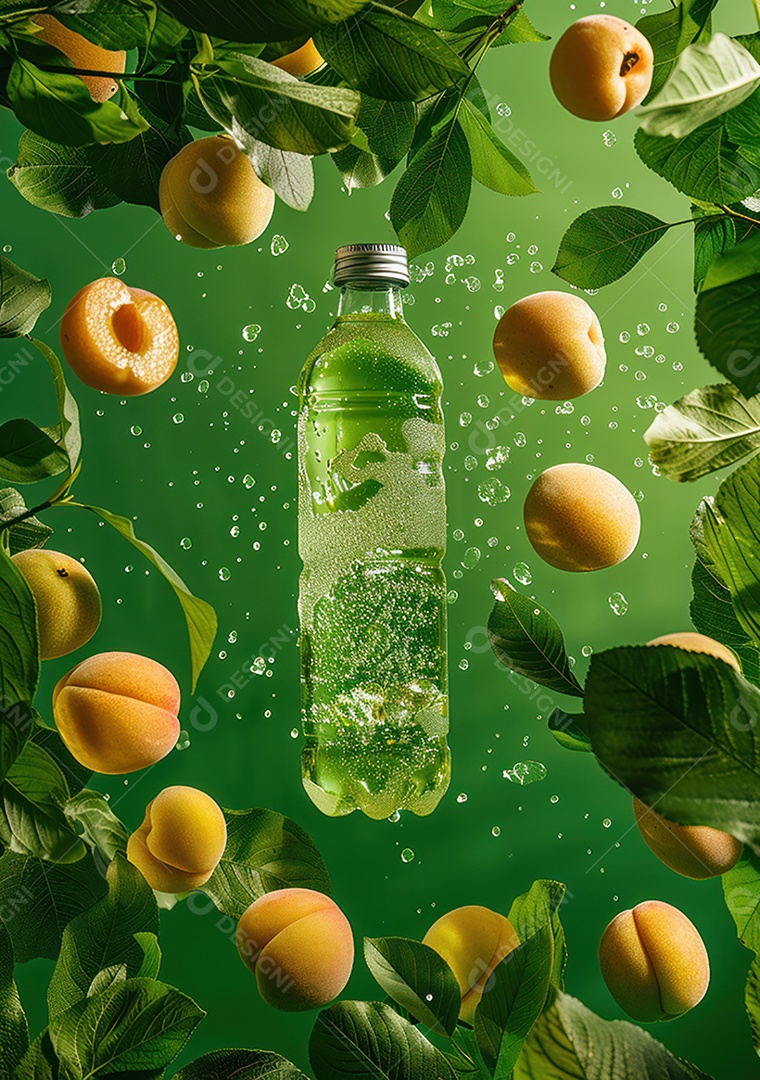 Garrafa de suco natural flutuando com frutas e folhas gelo e respingos