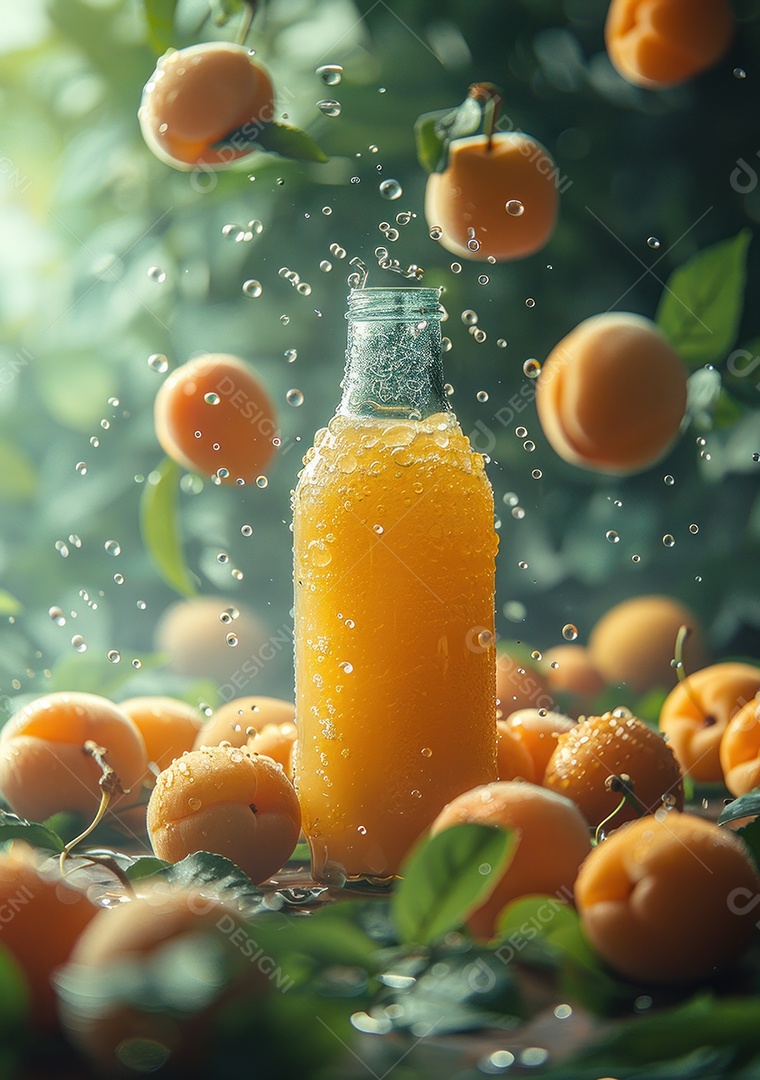 Garrafa de suco natural flutuando com frutas e folhas gelo e respingos