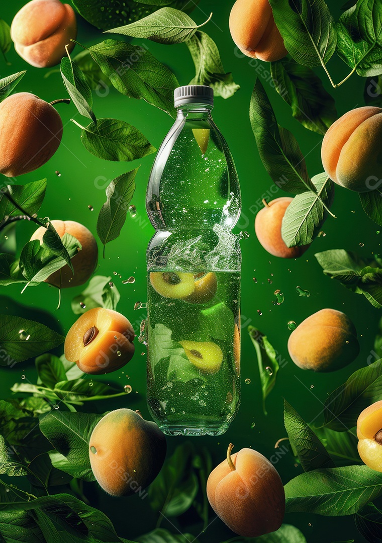 Garrafa de suco natural flutuando com frutas e folhas gelo e respingos