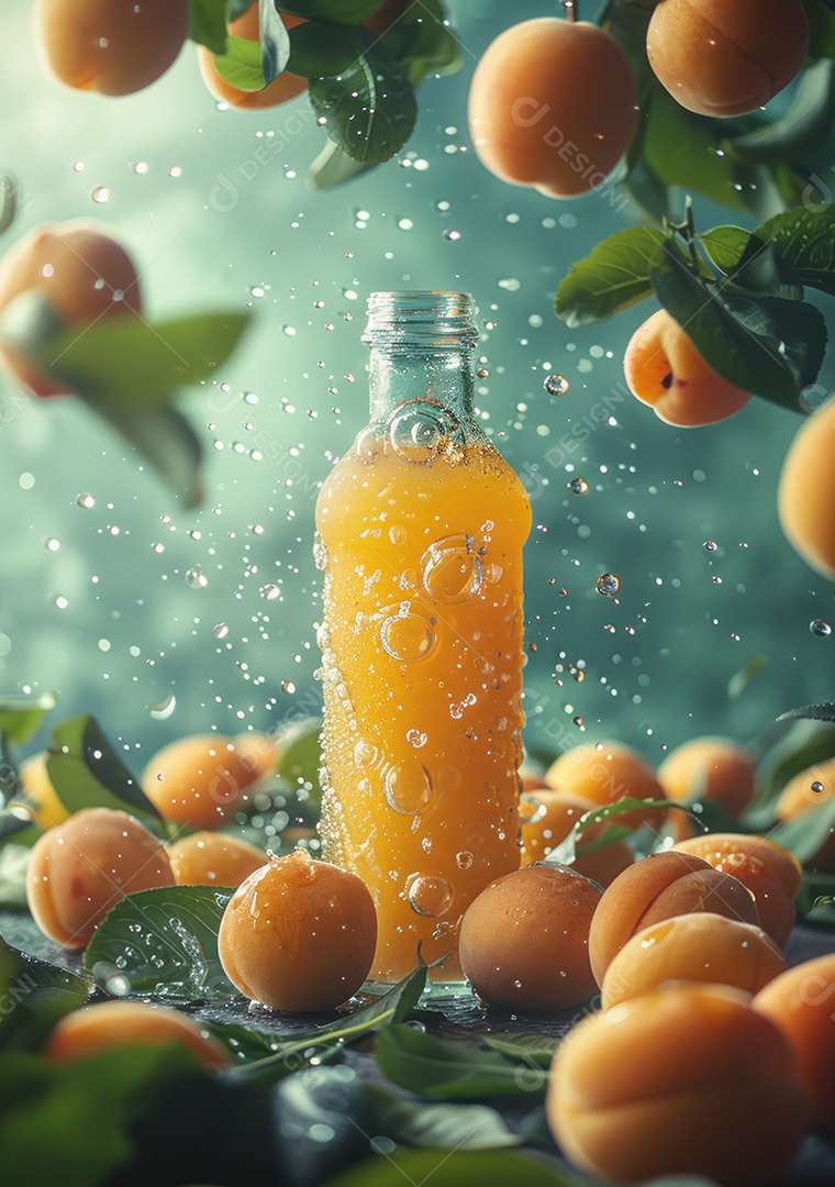 Garrafa de suco natural flutuando com frutas e folhas gelo e respingos