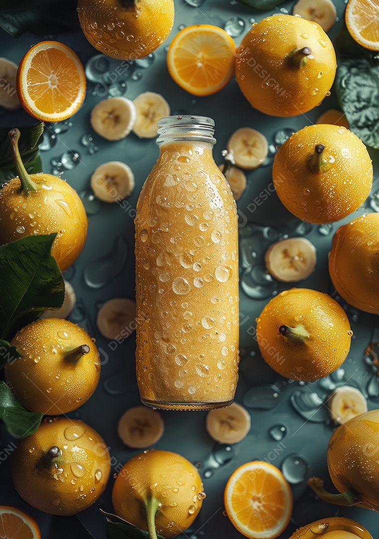 Garrafa de suco natural flutuando com frutas e folhas gelo e respingos