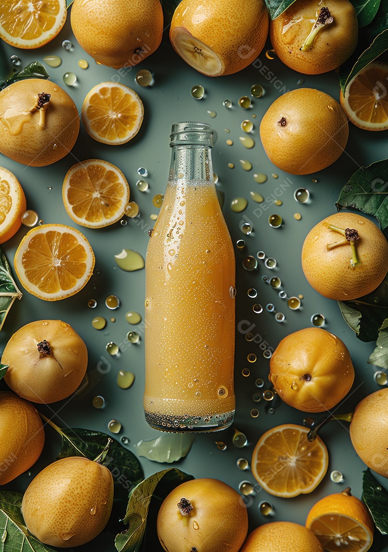 Garrafa de suco natural flutuando com frutas e folhas gelo e respingos