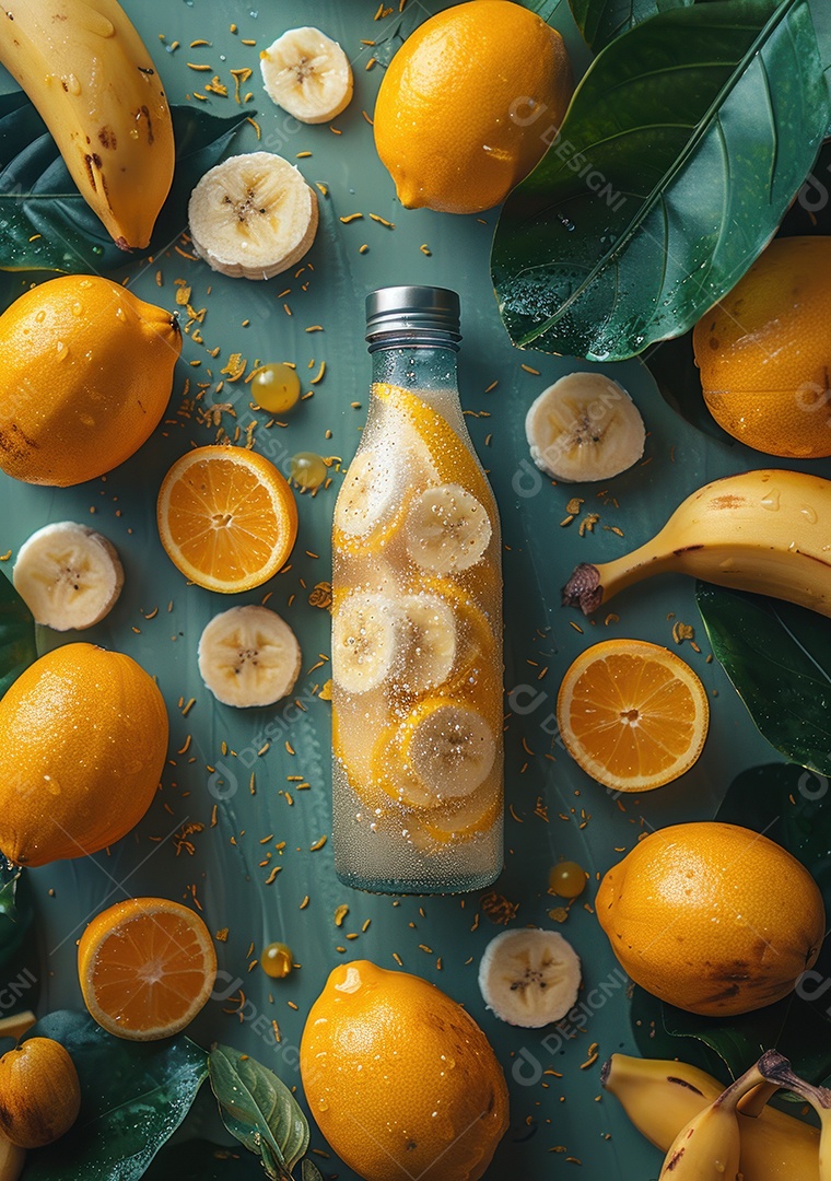 Garrafa de suco natural flutuando com frutas e folhas gelo e respingos