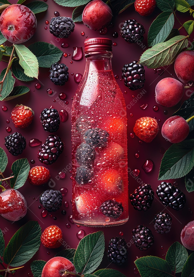 Garrafa de suco natural flutuando com frutas e folhas gelo e respingos