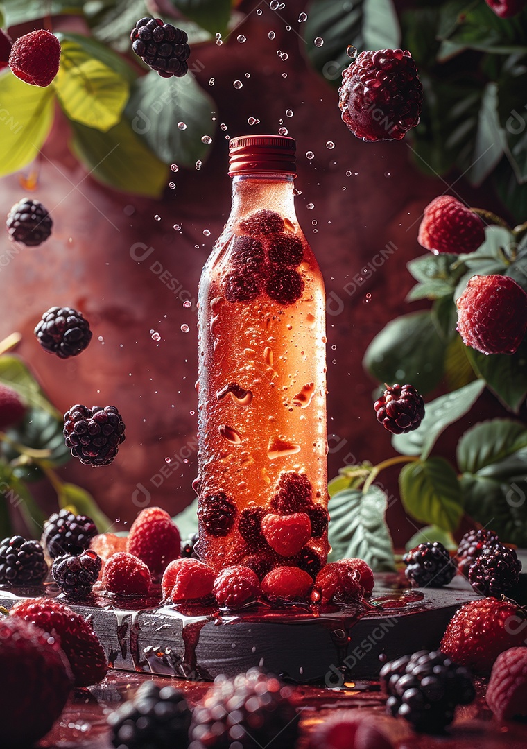 Garrafa de suco natural flutuando com frutas e folhas gelo e respingos