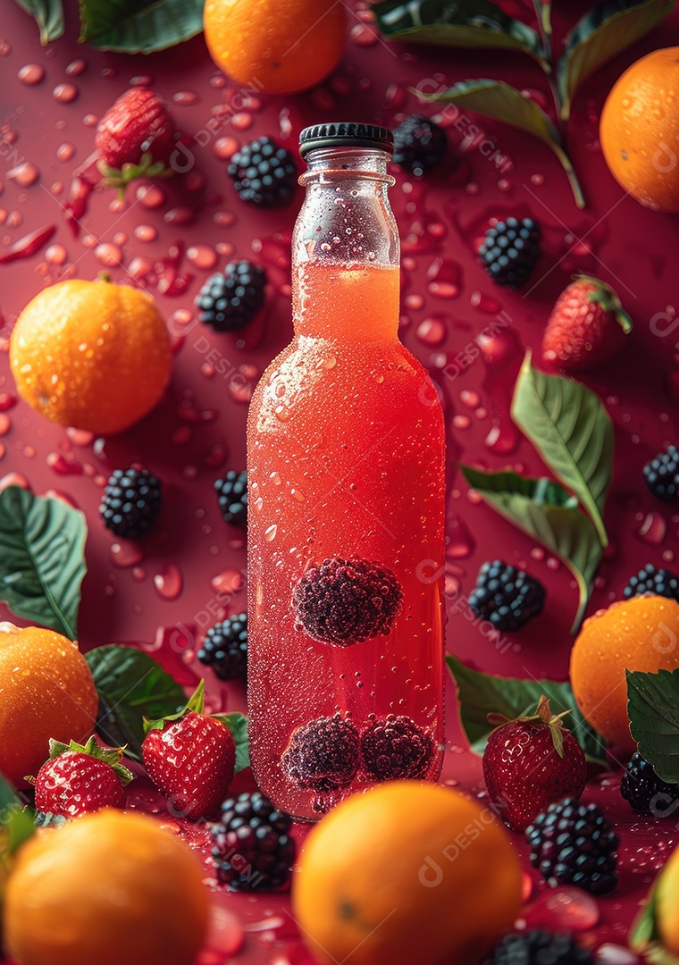 Garrafa de suco natural flutuando com frutas e folhas gelo e respingos