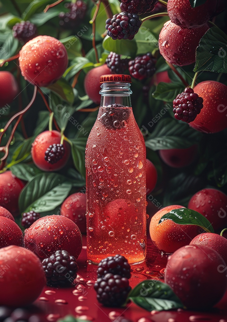 Garrafa de suco natural flutuando com frutas e folhas gelo e respingos