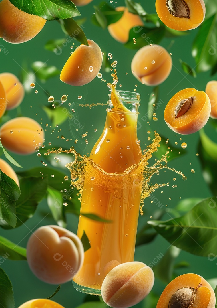 Garrafa de suco natural flutuando com frutas e folhas gelo e respingos