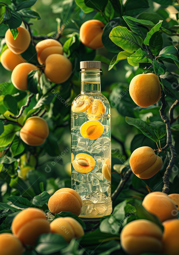 Garrafa de suco natural flutuando com frutas e folhas gelo e respingos