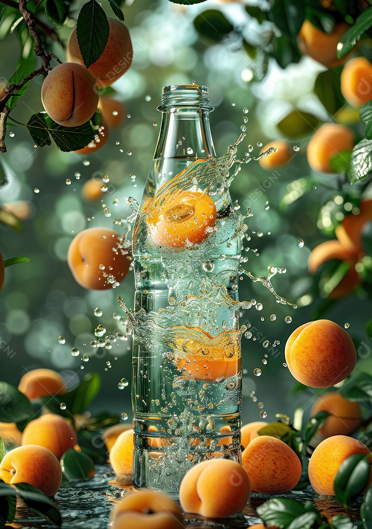 Garrafa de suco natural flutuando com frutas e folhas gelo e respingos