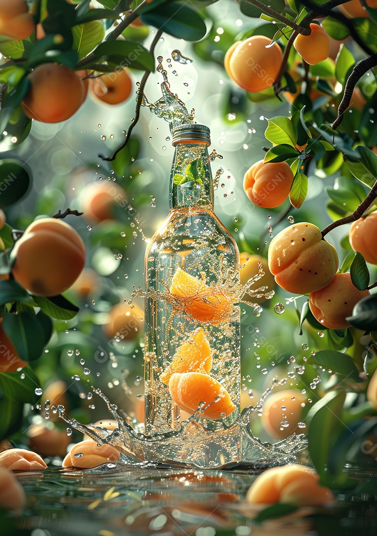 Garrafa de suco natural flutuando com frutas e folhas gelo e respingos