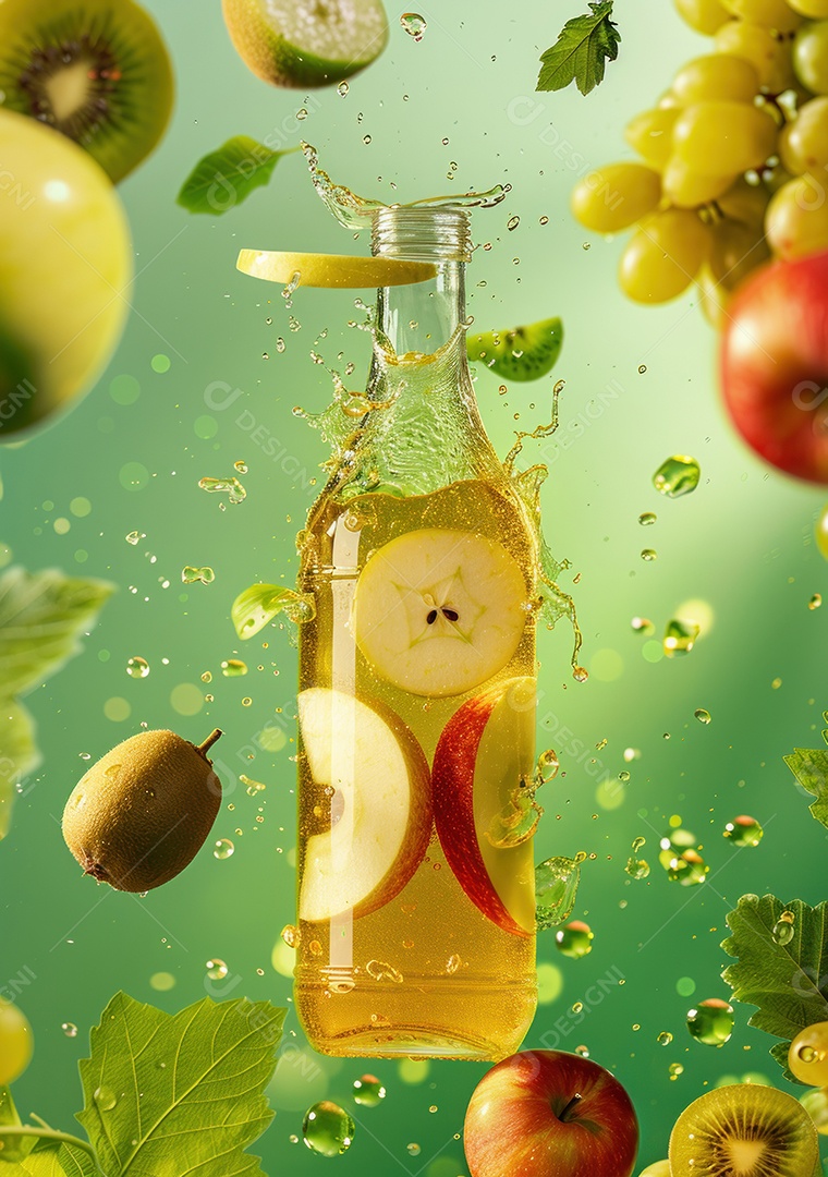Garrafa de suco natural flutuando com frutas e folhas gelo e respingos