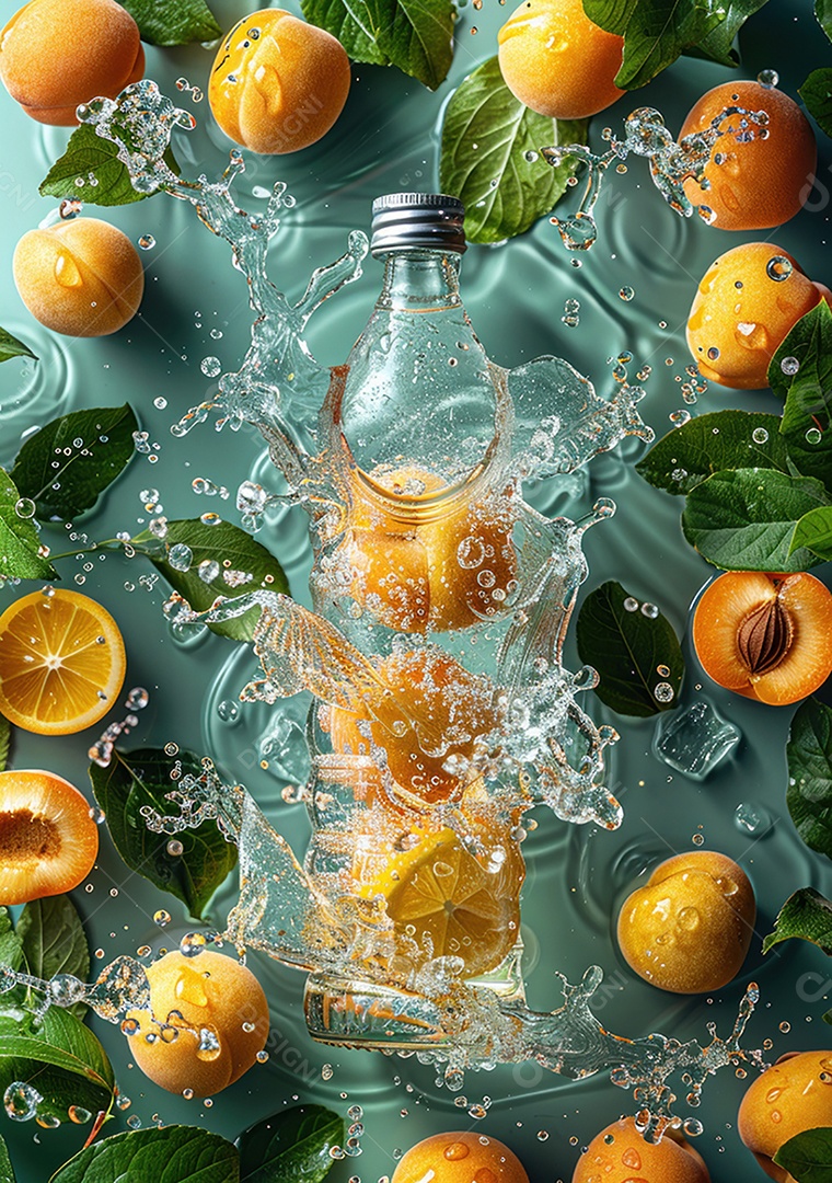 Garrafa de suco natural flutuando com frutas e folhas gelo e respingos