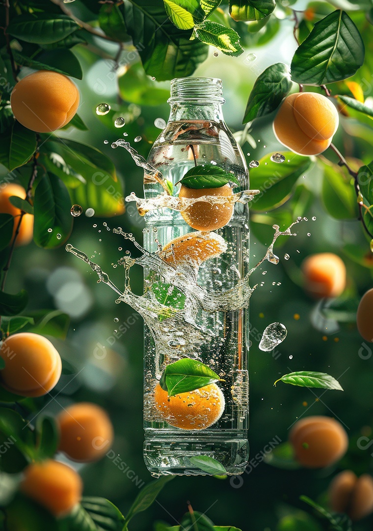 Garrafa de suco natural flutuando com frutas e folhas gelo e respingos