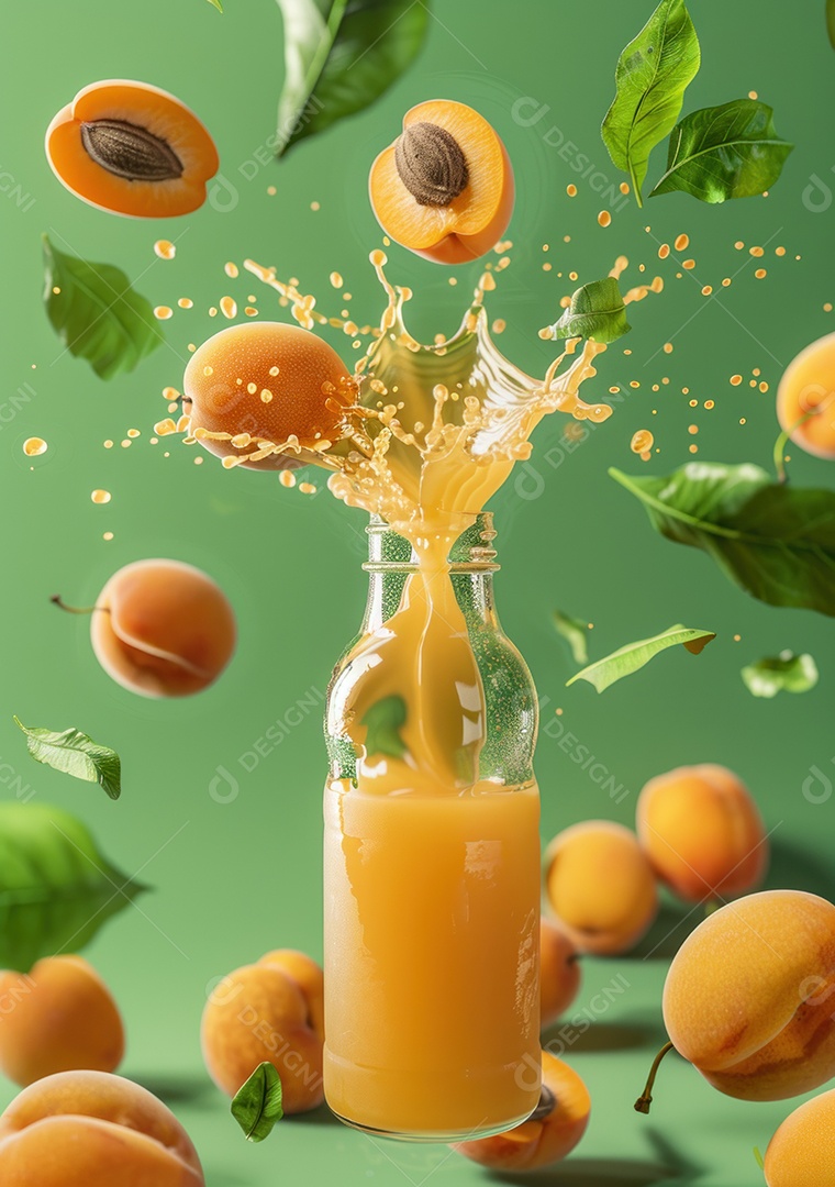 Garrafa de suco natural flutuando com frutas e folhas gelo e respingos