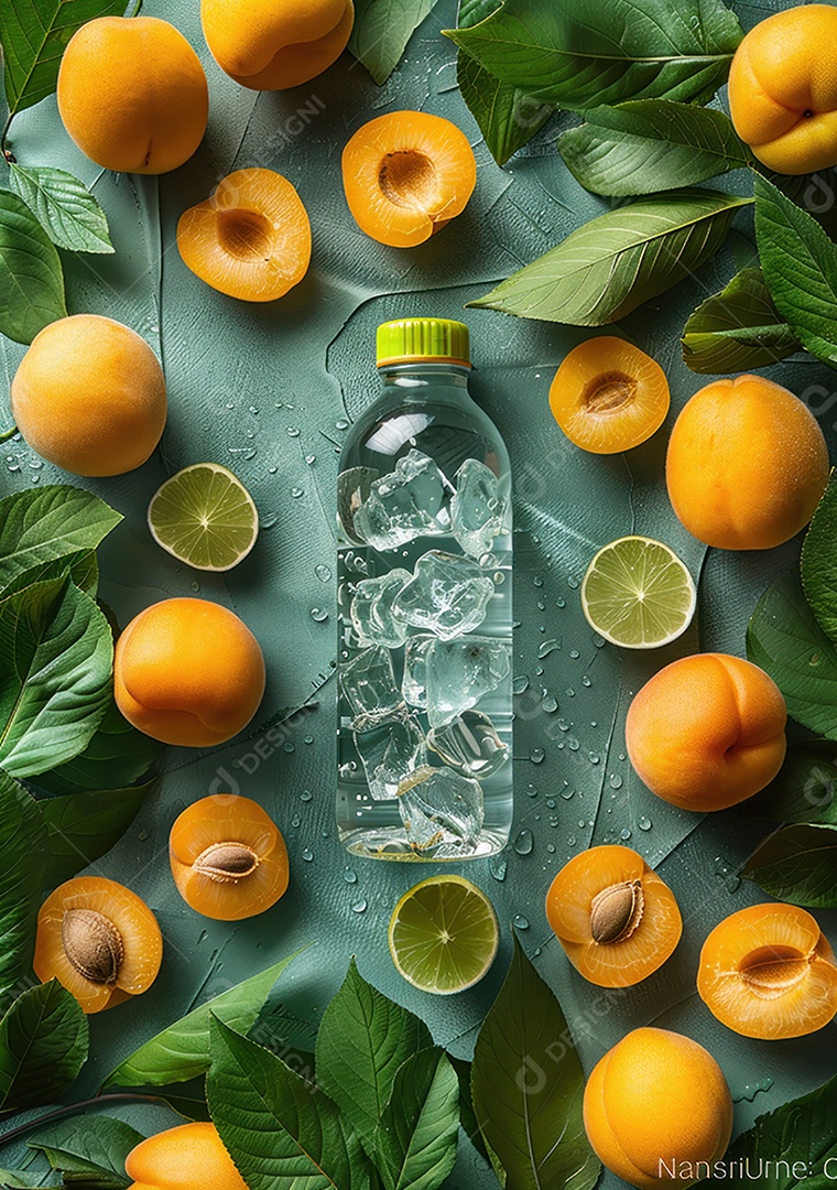 Garrafa de suco natural flutuando com frutas e folhas gelo e respingos