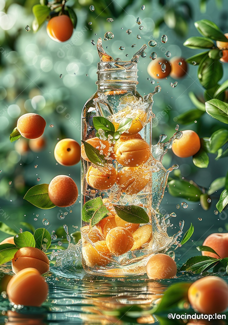 Garrafa de suco natural flutuando com frutas e folhas gelo e respingos